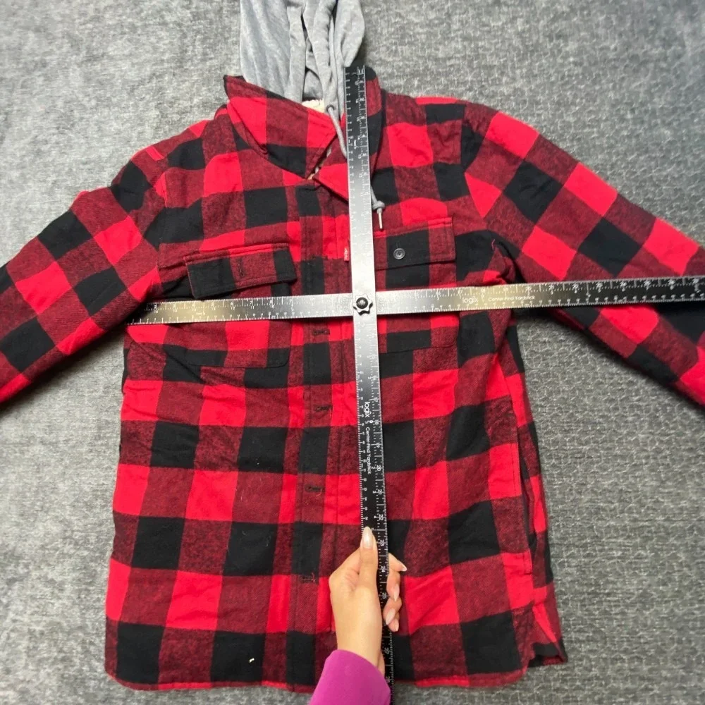 Levi's Shirt Jacket Mens S Red Black Flannel Plaid Sherpa Lined Shacket Hooded